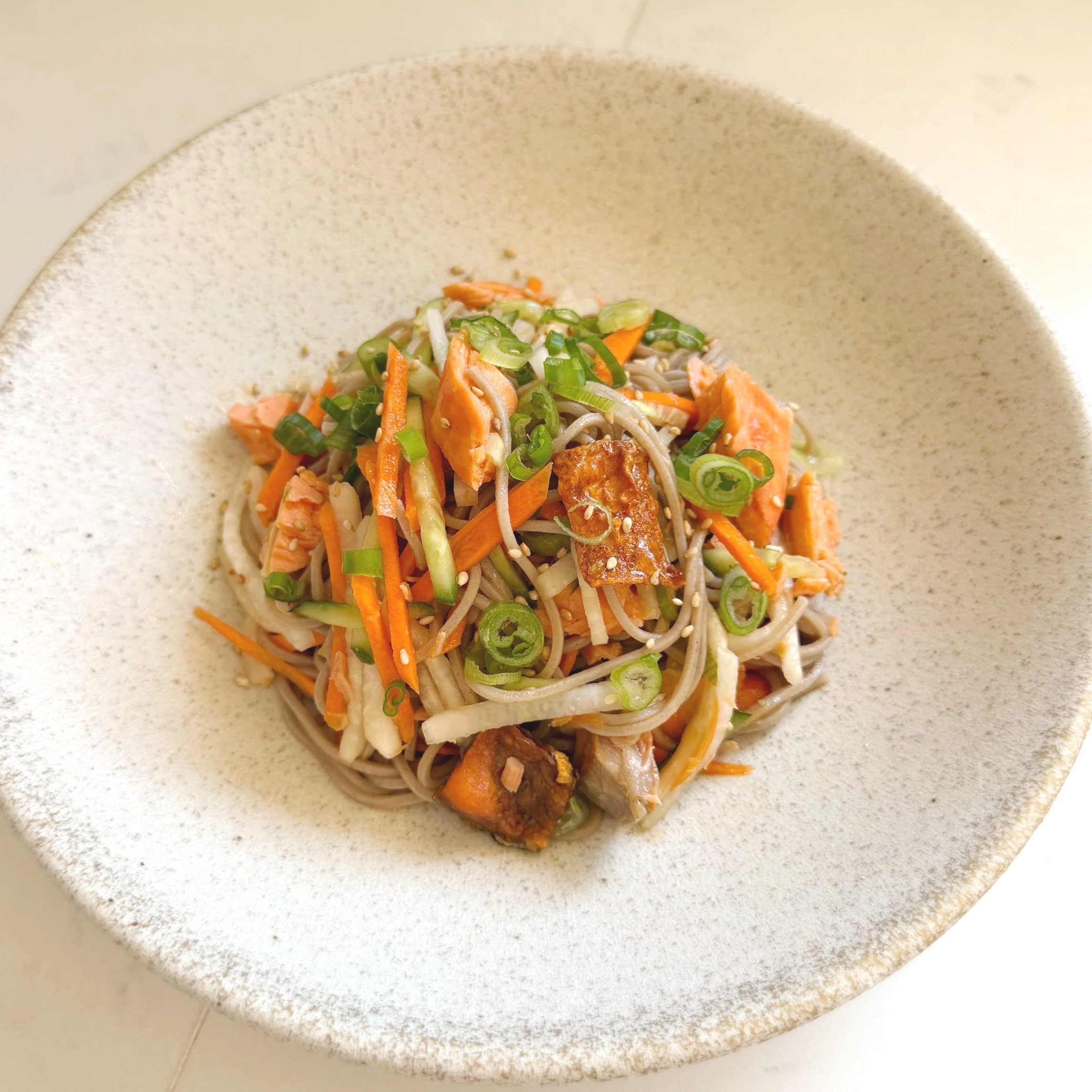 Savory Soba Salad with Crispy Salmon Skin (Easy Japanese Recipe